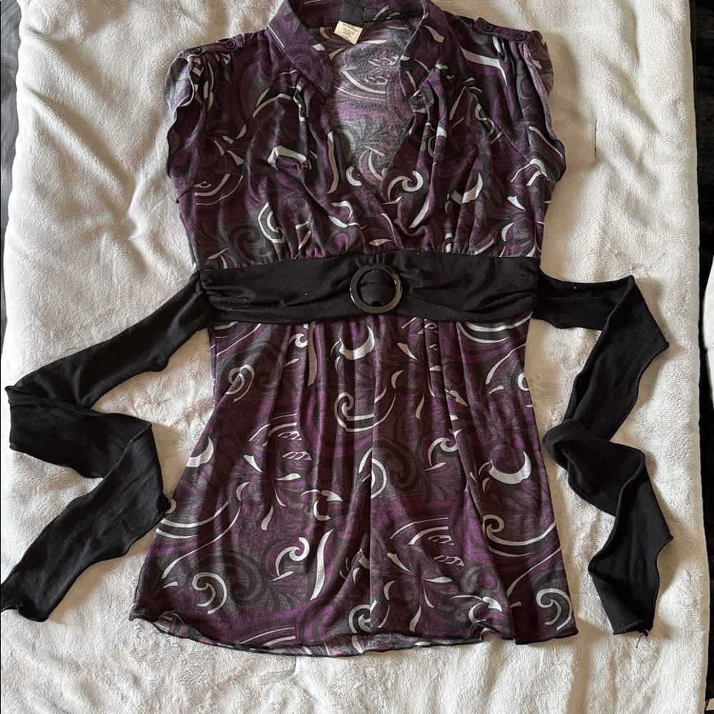 Boho Wrap Top Purple and Black Swirl Pattern with Belt